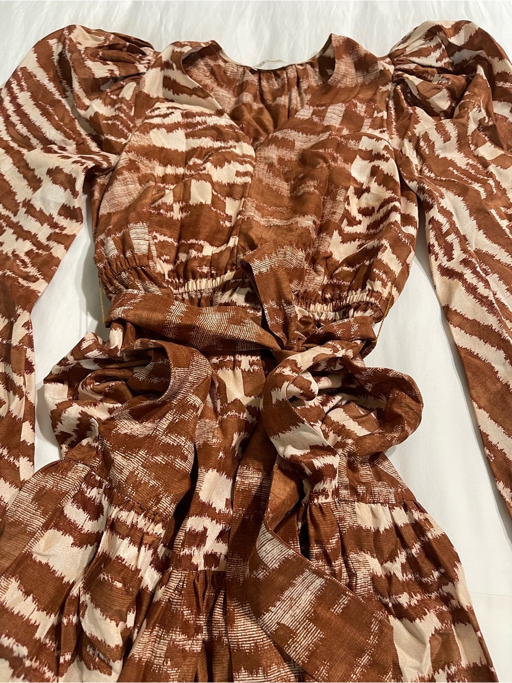 New Ulla Johnson Leila Belted Printed Silk Midi Dress Brown Sz 4 - Picture 11 of 12